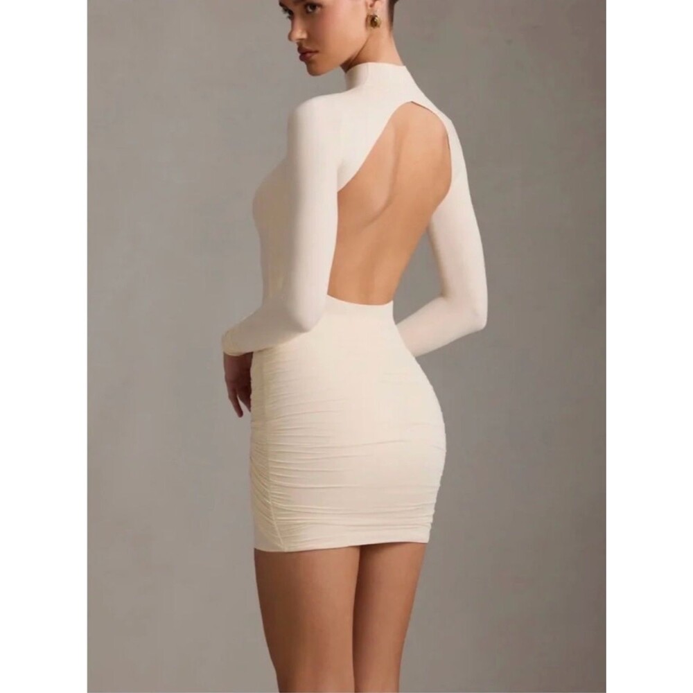Oh Polly Ivory Open Back Ruched Mini Dress Long Sleeve M NWT